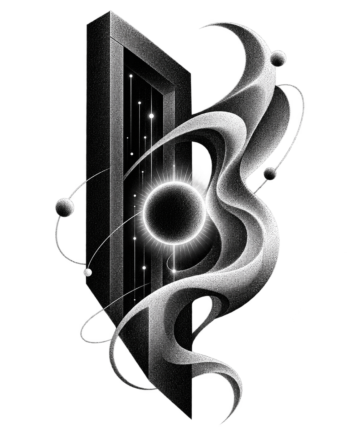 Abstract monochrome composition of an architectural frame, orbiting forms and flowing surfaces