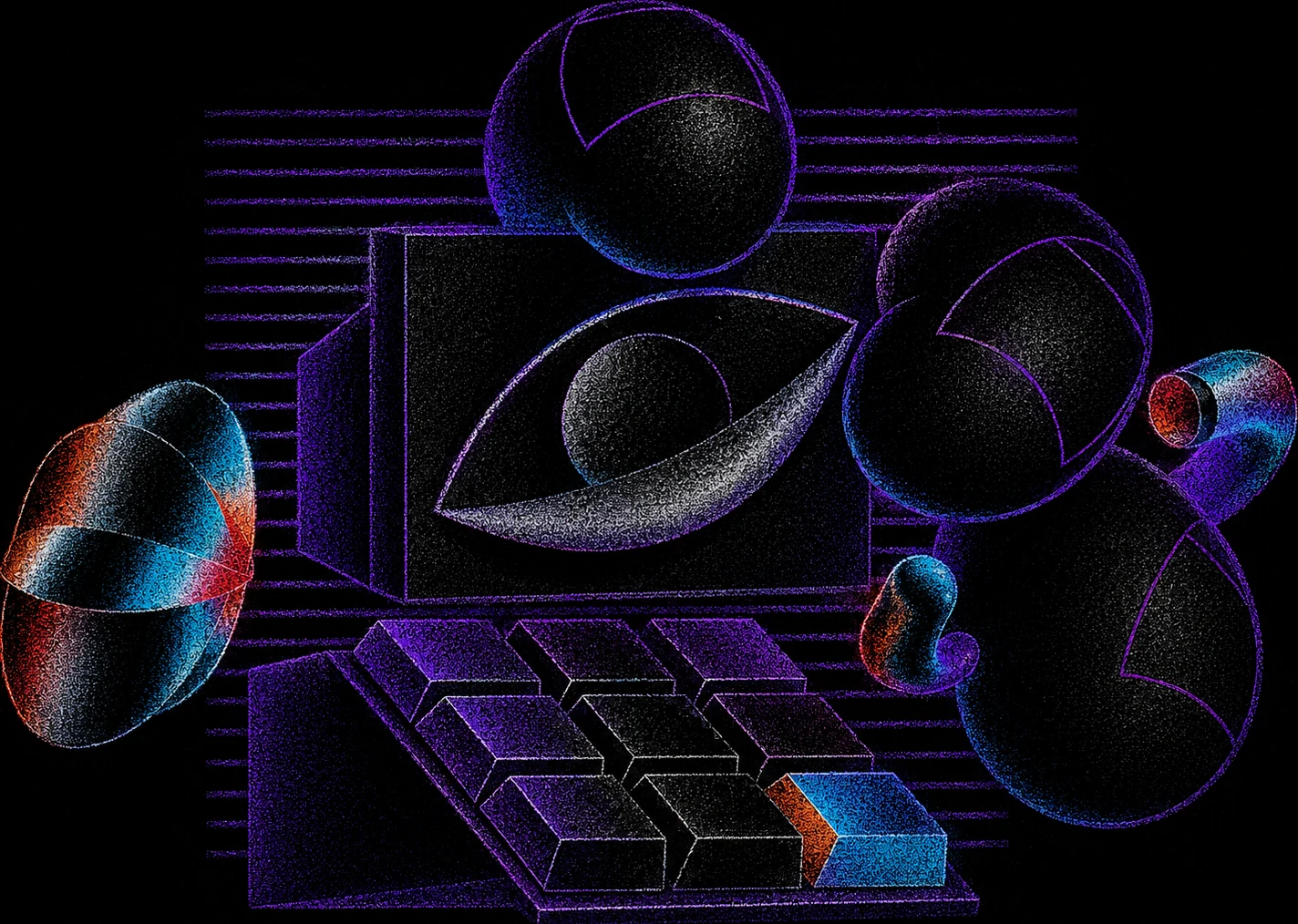 An abstract composition of geometric forms, an eye and a keyboard